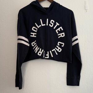 Hollister Dark Blue Graphic Cropped Hoodie Women’s Casual Logo Sweatshirt Medium
